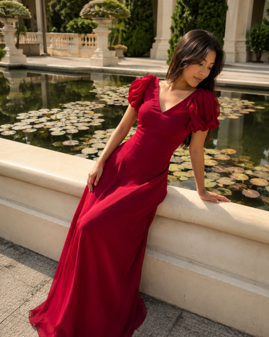 Wine Red Puff Sleeve A-Line Gown for Women