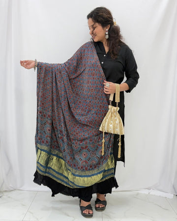 Ajrakh Blue and Red Modal Silk Lagdi Patta Dupatta