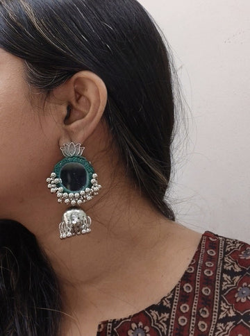 green mirror work earrings     