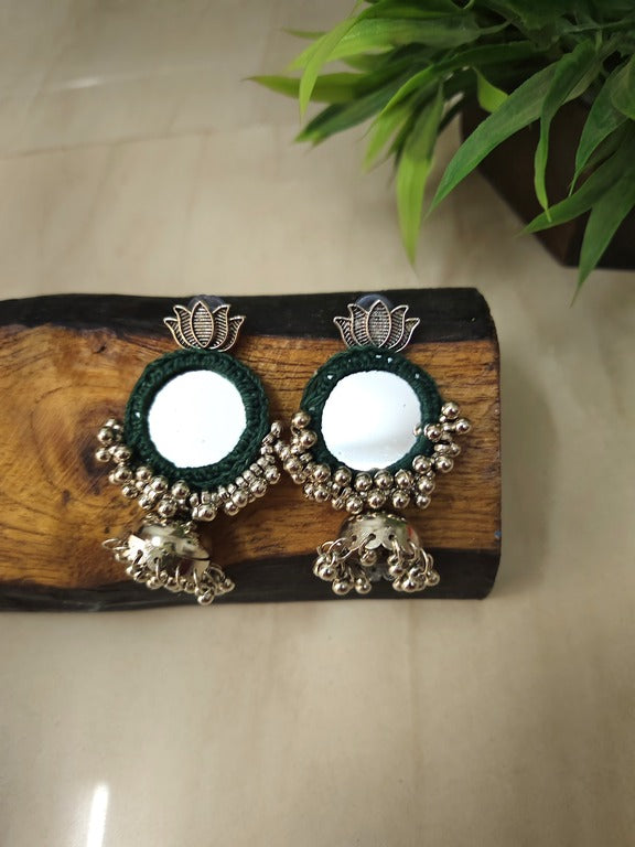 green mirror work earrings     
