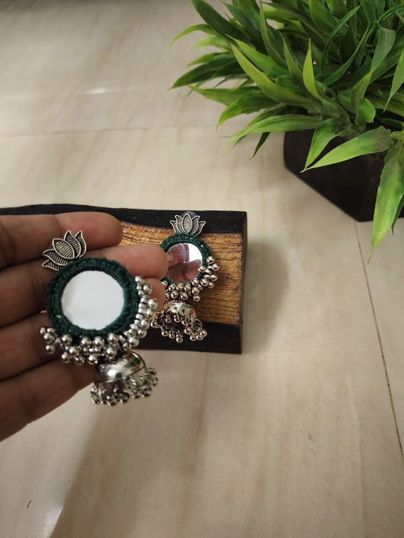green mirror work earrings     