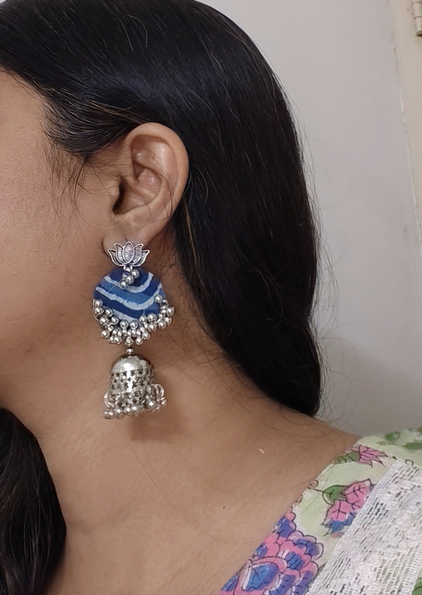 indigo fabric earrings      