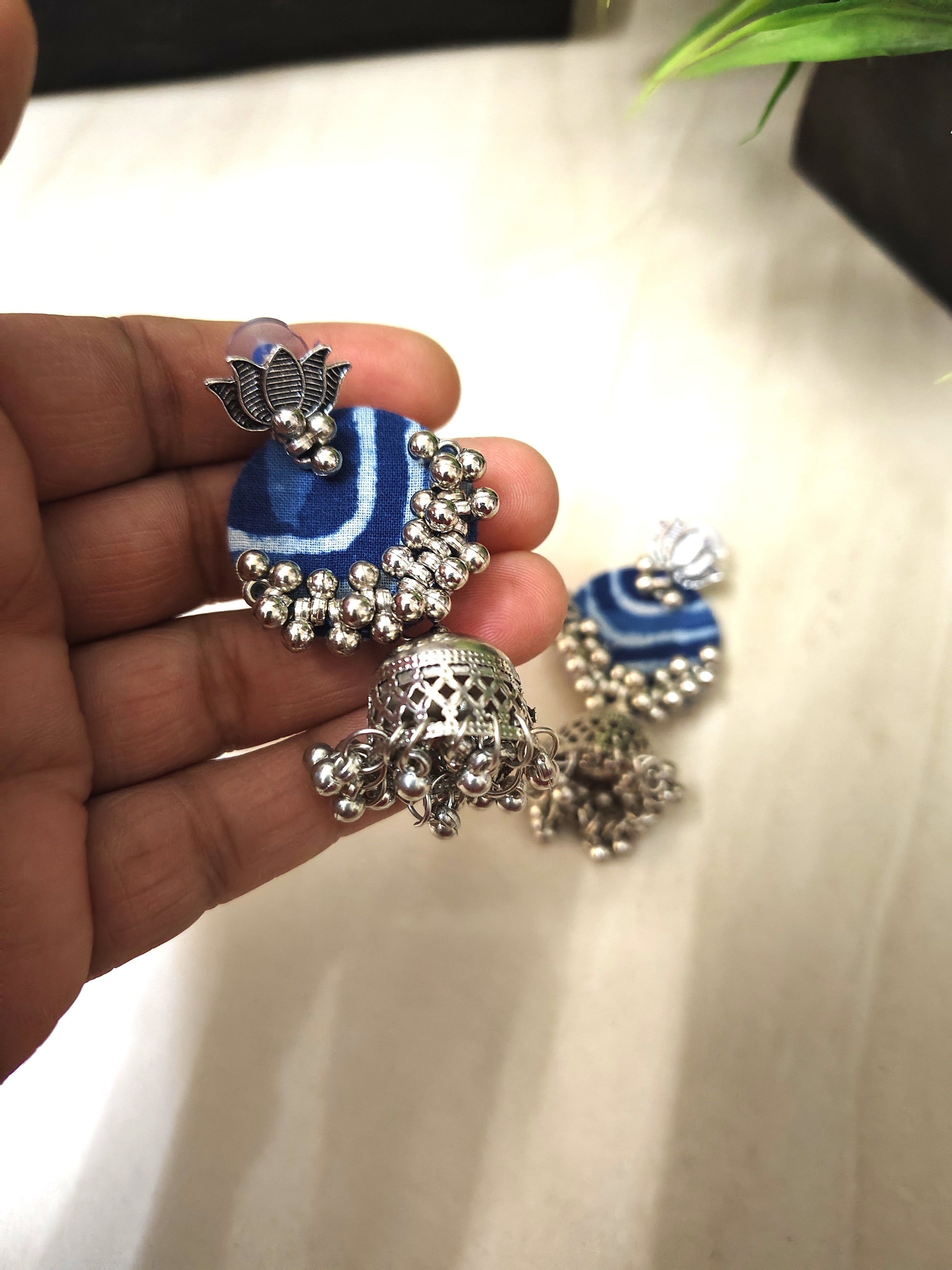 indigo fabric earrings      