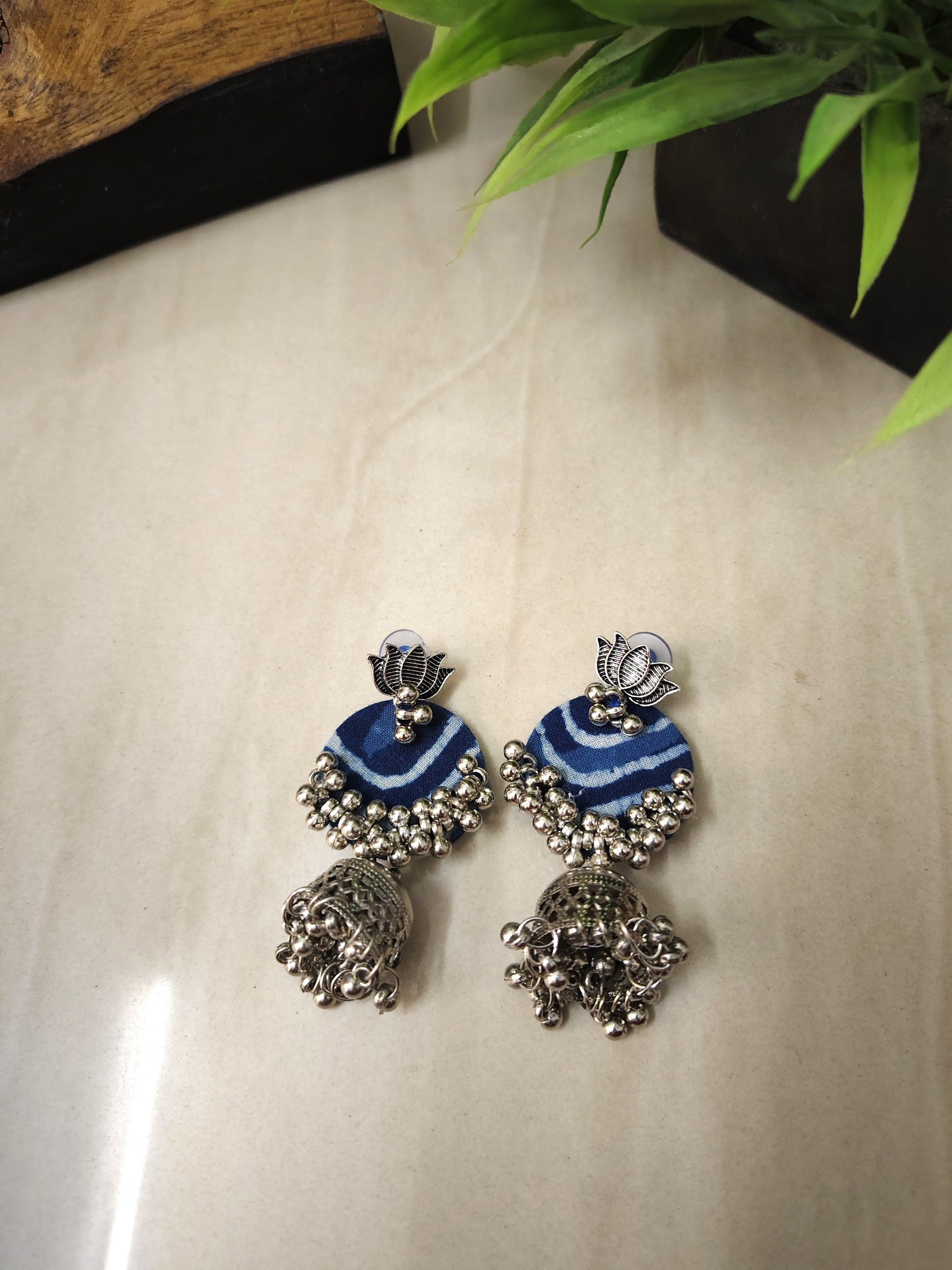 indigo fabric earrings      