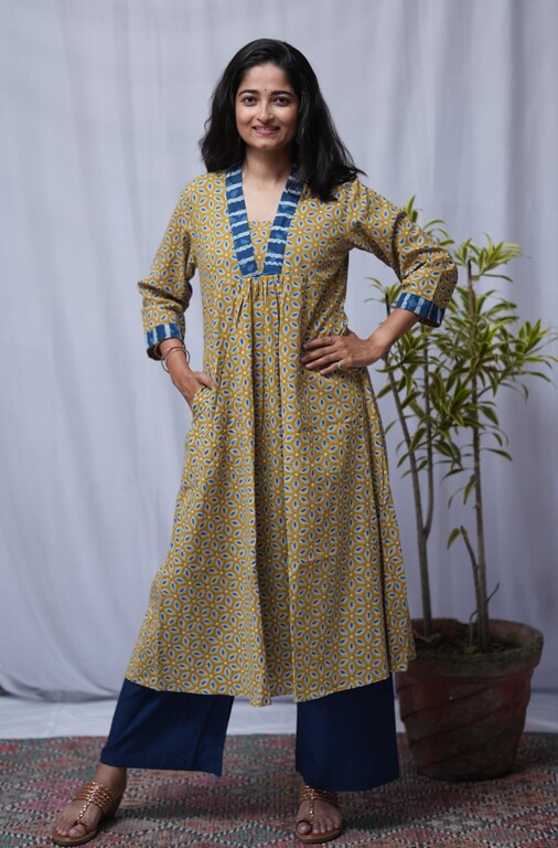 Jiya Bagru Cotton Yellow Aline Kurta