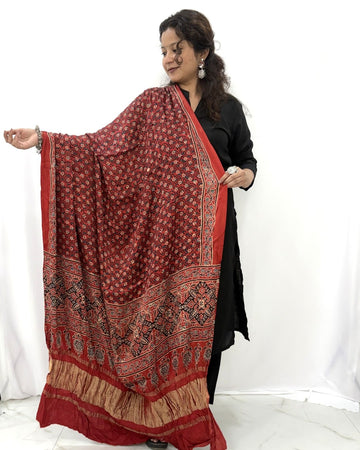 Ajrakh Red Modal Silk Lagdi Patta Dupatta