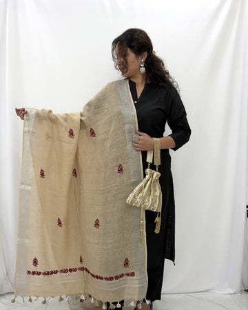 Chikankari Mukaish Brown Cotton Linen Dupatta