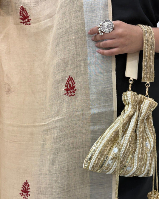 Chikankari Mukaish Brown Cotton Linen Dupatta