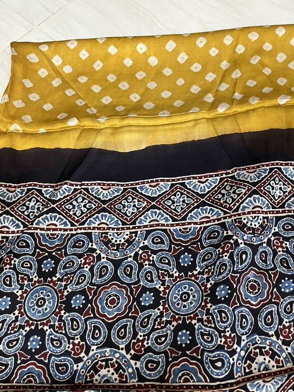 bandhani ajrakh yellow and black modal silk dupatta