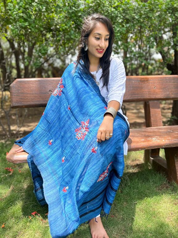 lucknowi chikankari blue tussar silk dupatta