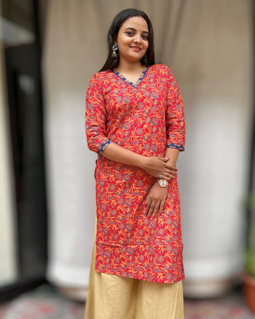 Ganga Red Cotton Straight Kurta