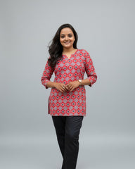 Devki Red Cotton Short Top Kurti