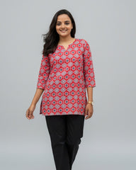 Devki Red Cotton Short Top Kurti