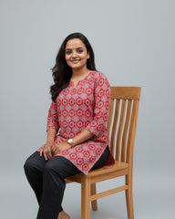 Devki Red Cotton Short Top Kurti
