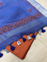 Kashmir Sozni Embroidery Blue Cotton Linen Dupatta