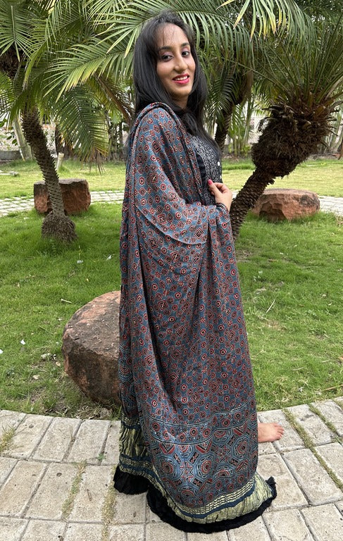 ajrakh blue and red modal silk lagdi patta dupatta
