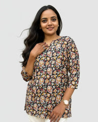 Devki Black Cotton Short Top Kurti