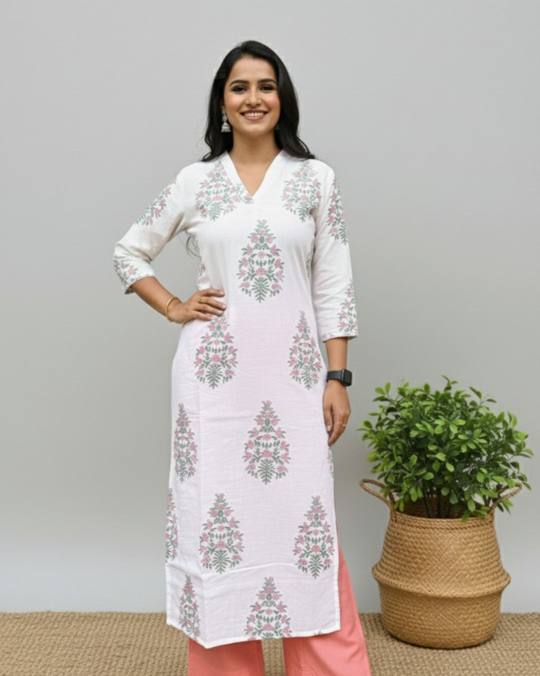 handblock pink butta cotton straight kurta   