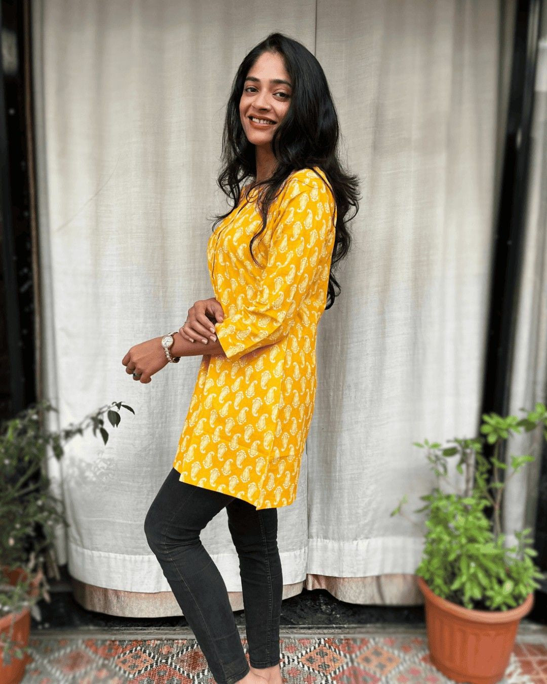 yellow cotton short top kurti    