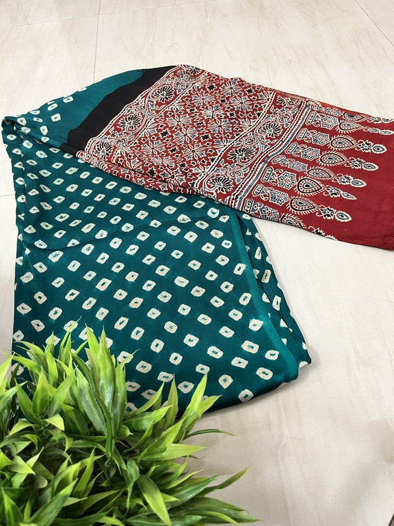 bandhani ajrakh green and red modal silk dupatta
