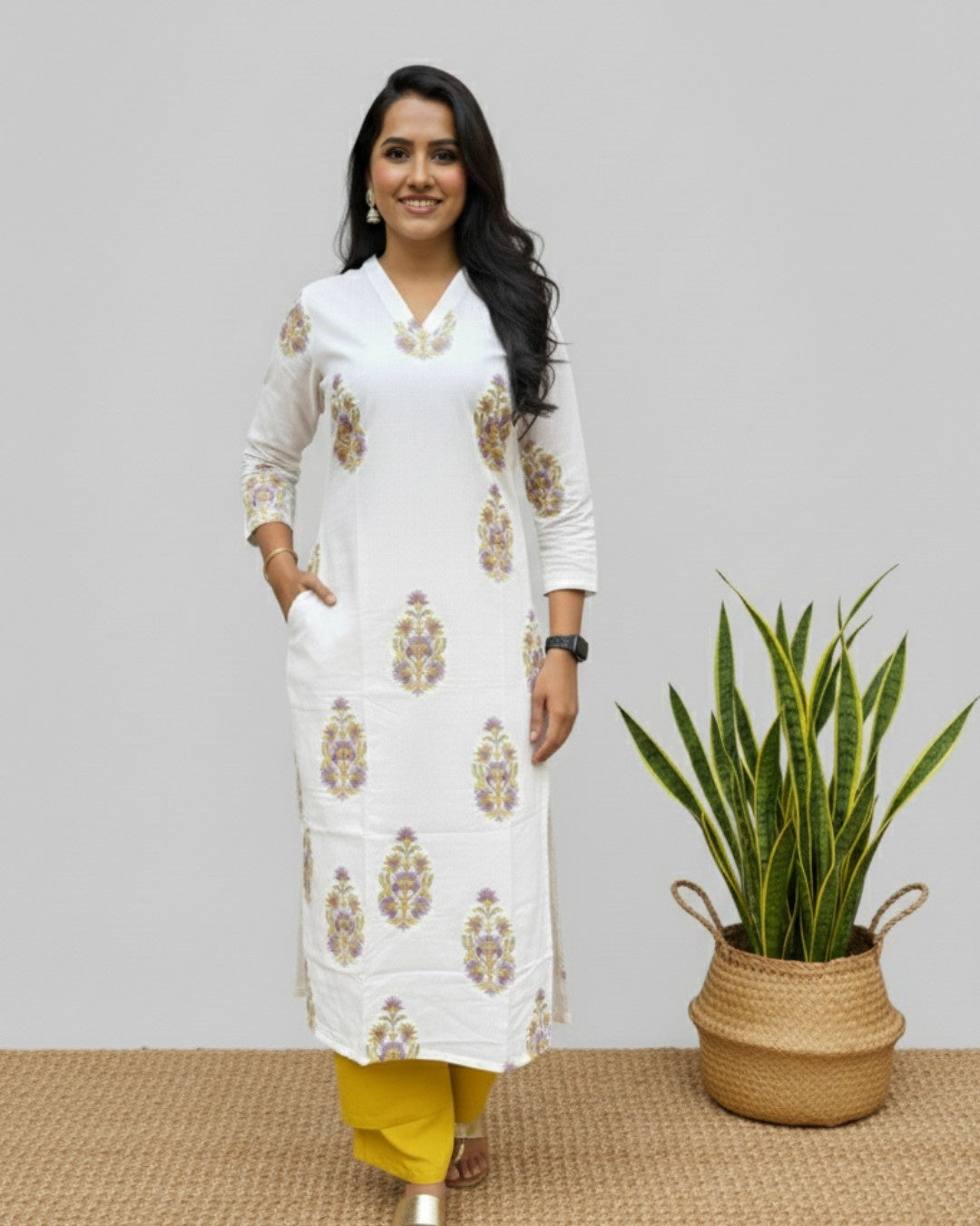 handblock yellow butta cotton straight kurta   