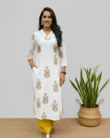 handblock yellow butta cotton straight kurta   