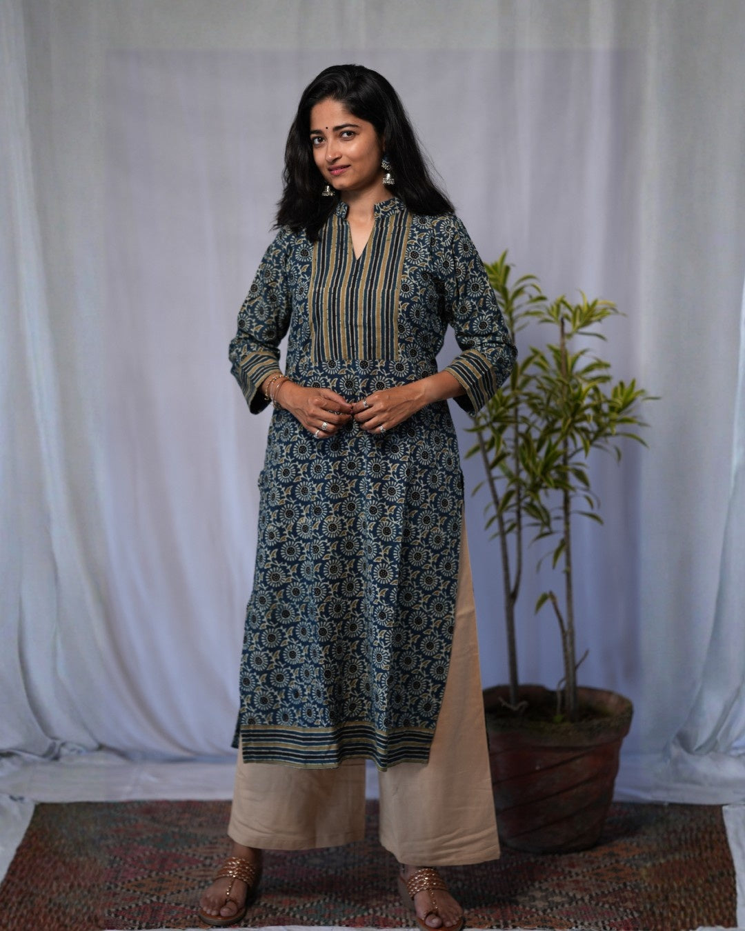 ajrakh cotton blue straight kurta    