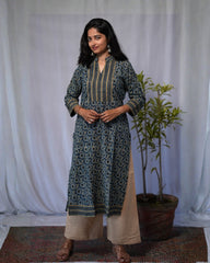 Eshana Ajrakh Cotton Blue Straight Kurta