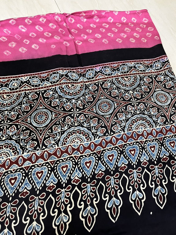 bandhani ajrakh pink and black modal silk dupatta