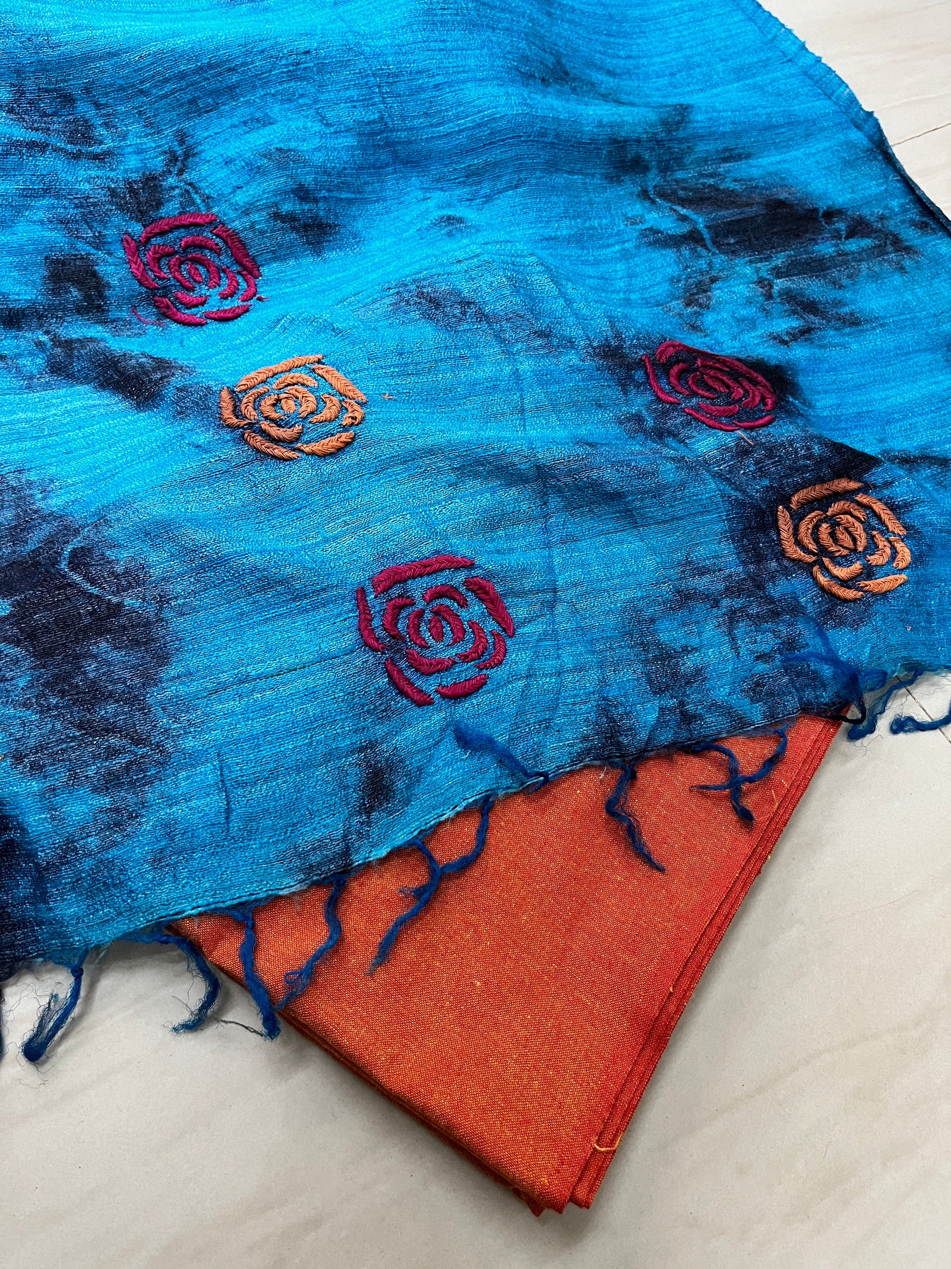 lucknowi chikankari blue tussar silk rose motif dupatta