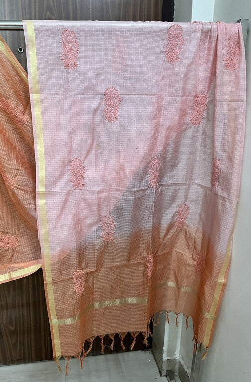 lucknowi chikankari ombre pink and orange kota silk dupatta