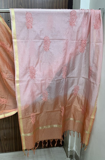 lucknowi chikankari ombre pink and orange kota silk dupatta