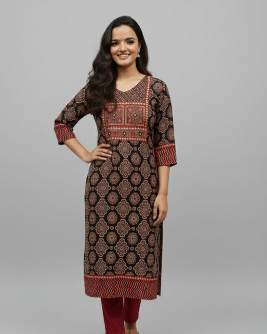 black ajrakh cotton straight kurta    