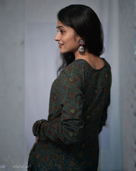 Aarvi Ajrakh Cotton Green Chudi Sleeves Kali Kurta