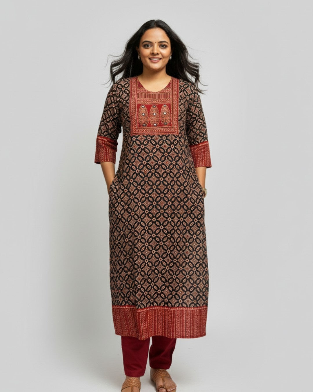 black ajrakh cotton straight kurta    