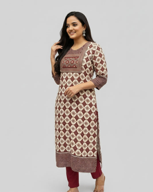 cream ajrakh cotton straight kurta    