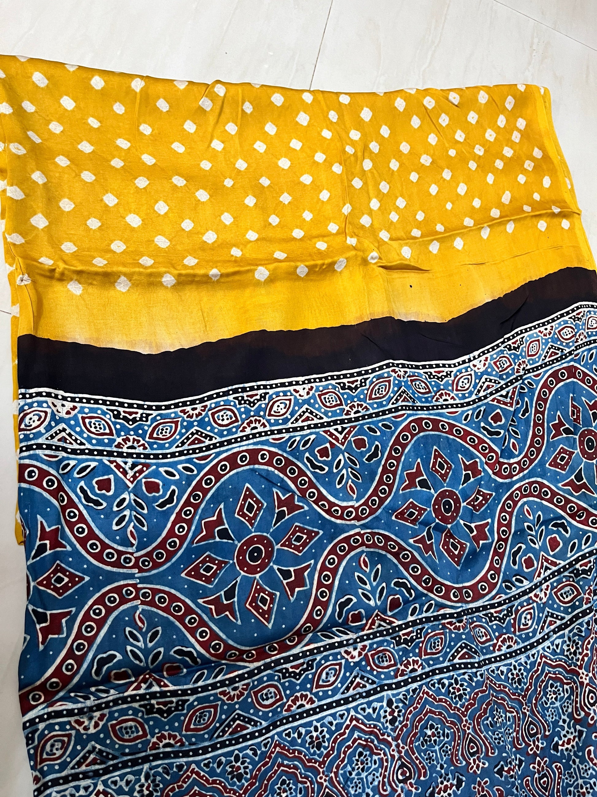 bandhani ajrakh yellow and blue modal silk dupatta