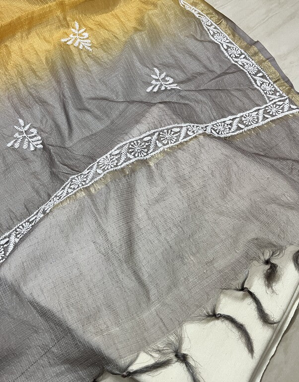 Lucknowi Chikankari Ombre Yellow and Grey Kota Silk Dupatta