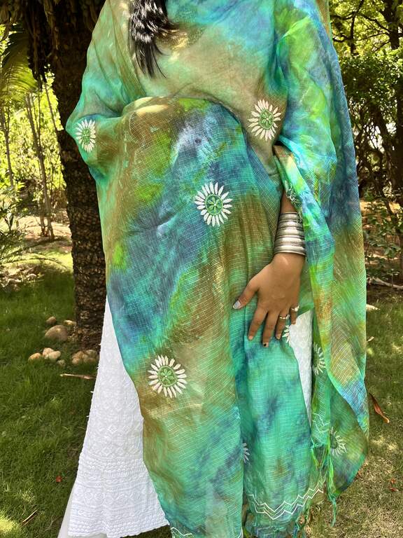 lucknowi chikankari green and blue tie dye kota silk dupatta
