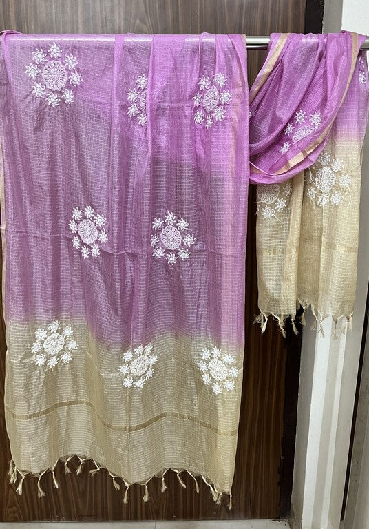 lucknowi chikankari purple and cream kota silk dupatta