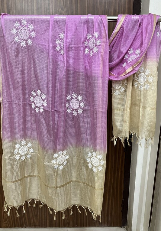 lucknowi chikankari purple and cream kota silk dupatta