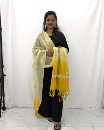 Lucknowi Chikankari Yellow Kota Silk with Pearl Dupatta