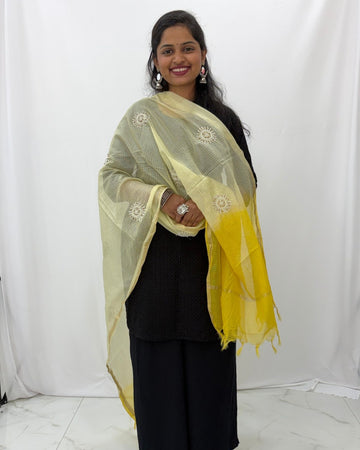 Lucknowi Chikankari Cream and Yellow Kota Silk Flower Motif Dupatta