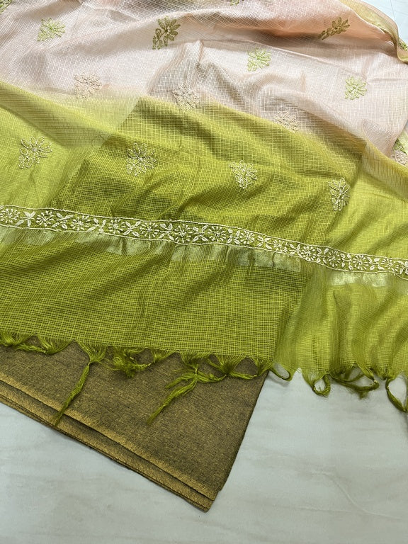 Lucknowi Chikankari Ombre Peach and Green Kota Silk Dupatta