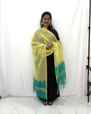 Lucknowi Chikankari Yellow Blue Kota Silk Dupatta