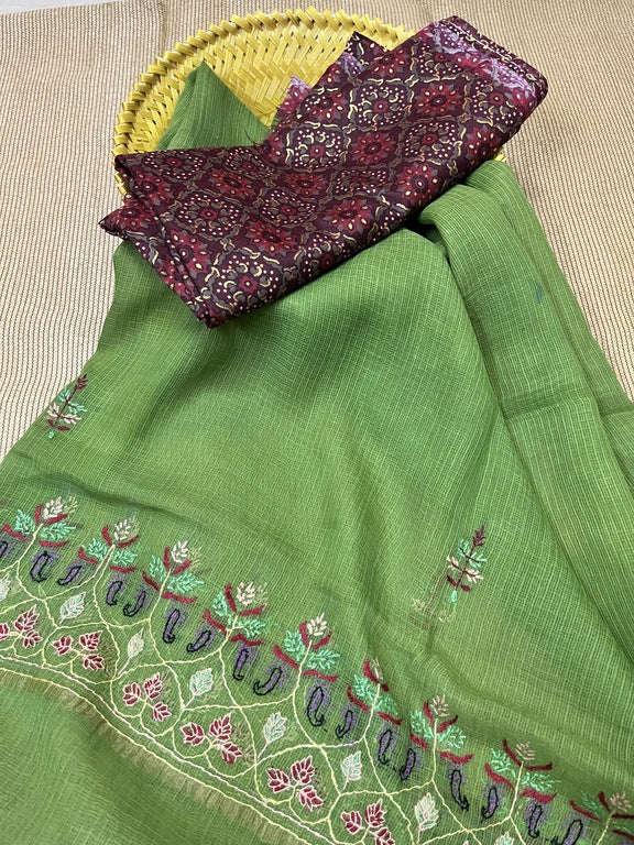 kashmir sozni embroidery green kota silk dupatta