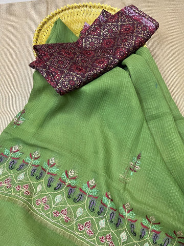 kashmir sozni embroidery green kota silk dupatta