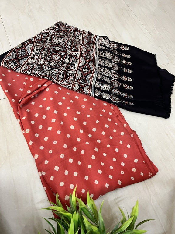 bandhani ajrakh red and black modal silk dupatta