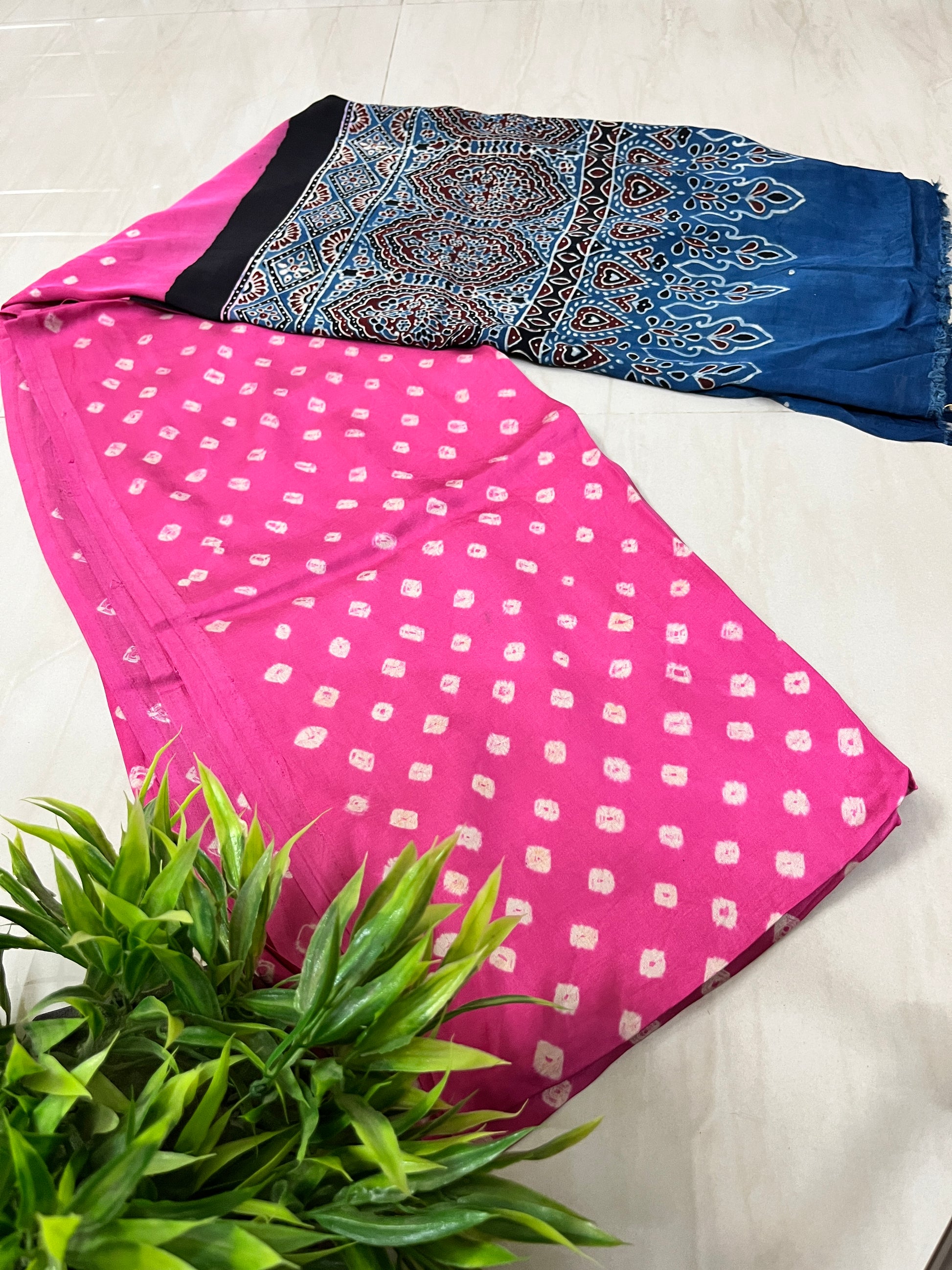 bandhani ajrakh pink and blue modal silk dupatta