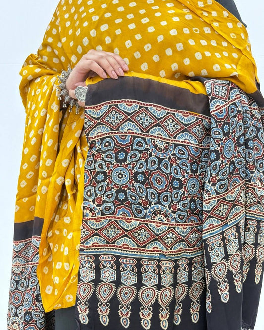 Bandhani Ajrakh Yellow and Black Modal Silk Dupatta
